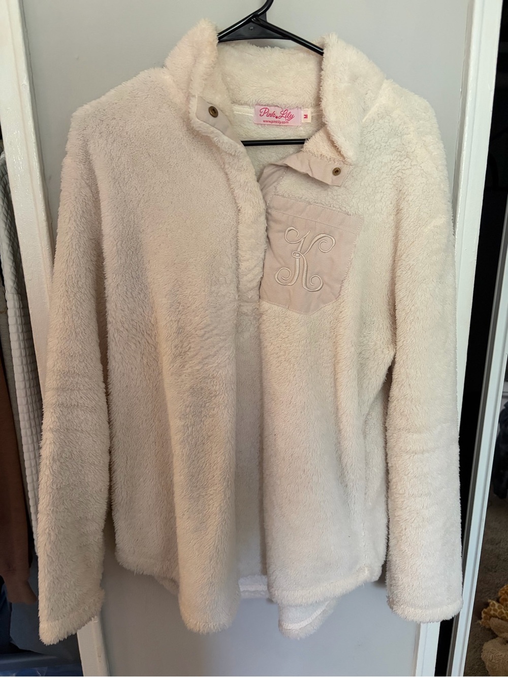 Pink Lily Cream Cozy Snap-Front Plush Turtleneck Sweater